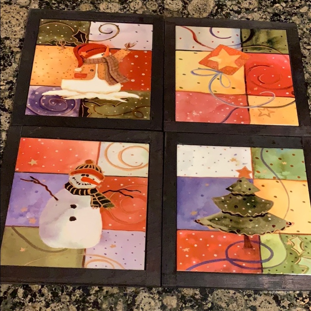 Ceramic/Wood Winter Woodland Trivets w/Box S/4